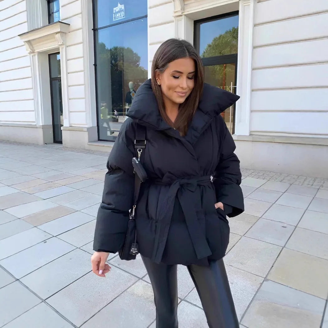 Zekye Down Jacket Warm Waist-cinching Long-sleeve Tied-waist Loose Solid-color Fashionable Women's Winter Jacket Lightweight
