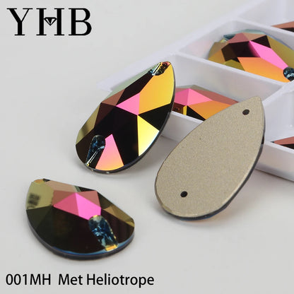 YHB Drop Moonlight Glass Lt Siam Crystal AB Sewing Stones Flatback Sew on Rhinestones For Garment Clothes Bags