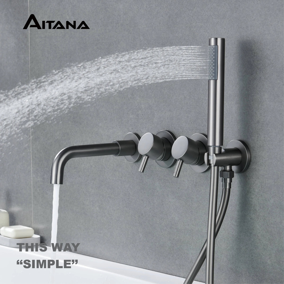 Simple Luxury Gun Gray Brass Bathroom Faucet with Wall Design and a Dual Handle Bathtub Mixer for Both Hot and Cold Water