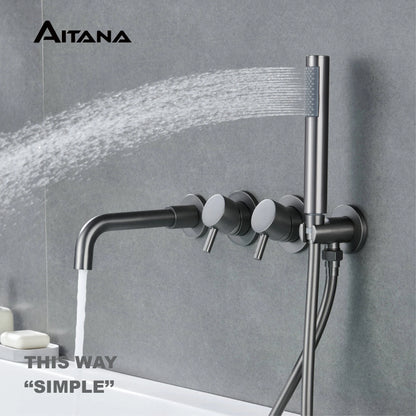 Simple Luxury Gun Gray Brass Bathroom Faucet with Wall Design and a Dual Handle Bathtub Mixer for Both Hot and Cold Water