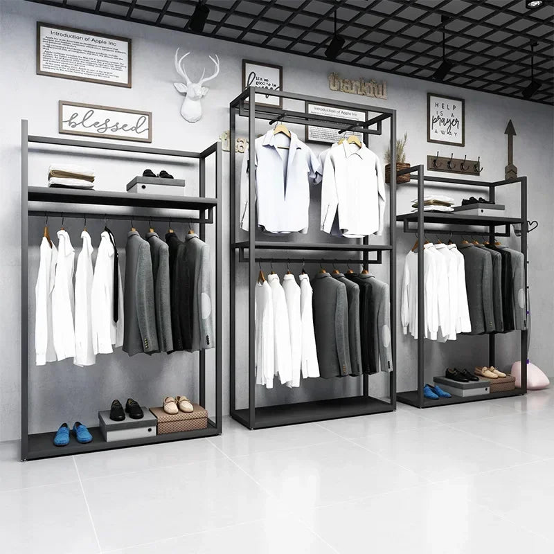 Furniture Men Clothes Clothing Store Display Rack Black Double-layer floor-standing display rack for men's clothing stores