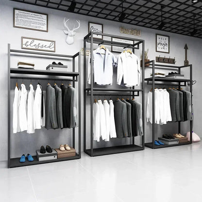Furniture Men Clothes Clothing Store Display Rack Black Double-layer floor-standing display rack for men's clothing stores