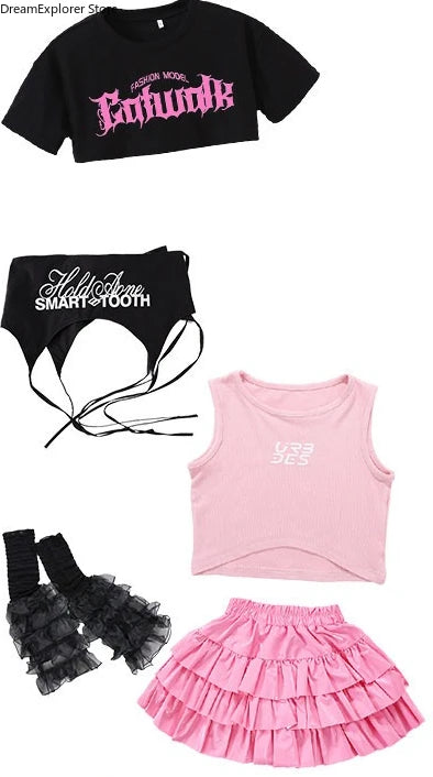 Girls K-pop Crop Top Street Dance Tiered Skirt Cargo Pants Children Costume Kids Hip Hop Streetwear Jazz Girl Group Clothes Sets