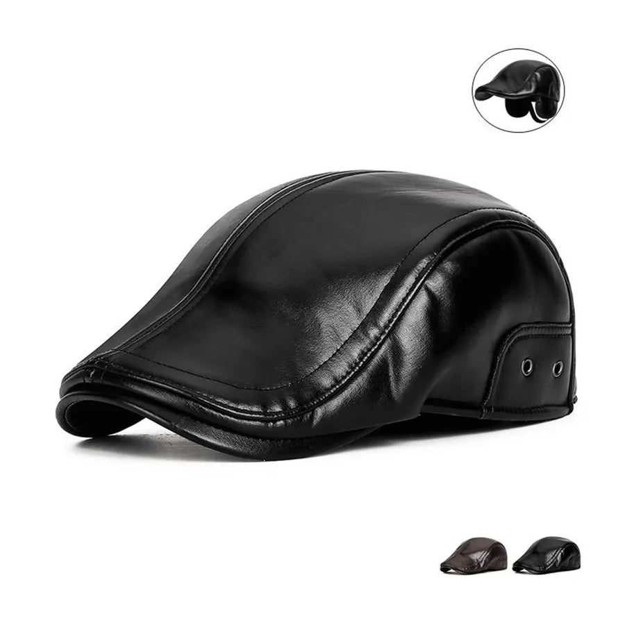Winter Cold-Proof & Warm PU Forward Cap, Outdoor Fleece-Lined Windproof Men's Ear-Flap Adjustable Duckbill Cap
