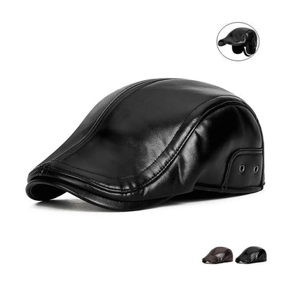Winter Cold-Proof & Warm PU Forward Cap, Outdoor Fleece-Lined Windproof Men's Ear-Flap Adjustable Duckbill Cap