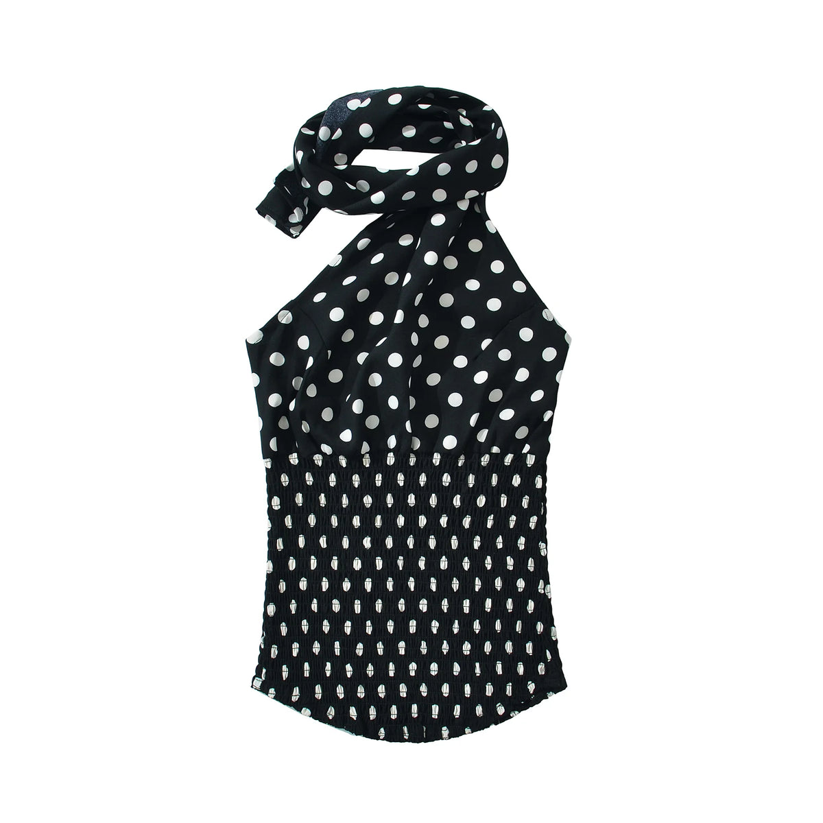 Sexy Black White Polka Dot Halter Tank Top + Tie Bow Sashes Elastic Waist Ruched Ball Gown BUD Mini Skirt 2 Pieces 1 Set