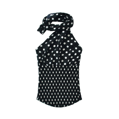 Sexy Black White Polka Dot Halter Tank Top + Tie Bow Sashes Elastic Waist Ruched Ball Gown BUD Mini Skirt 2 Pieces 1 Set