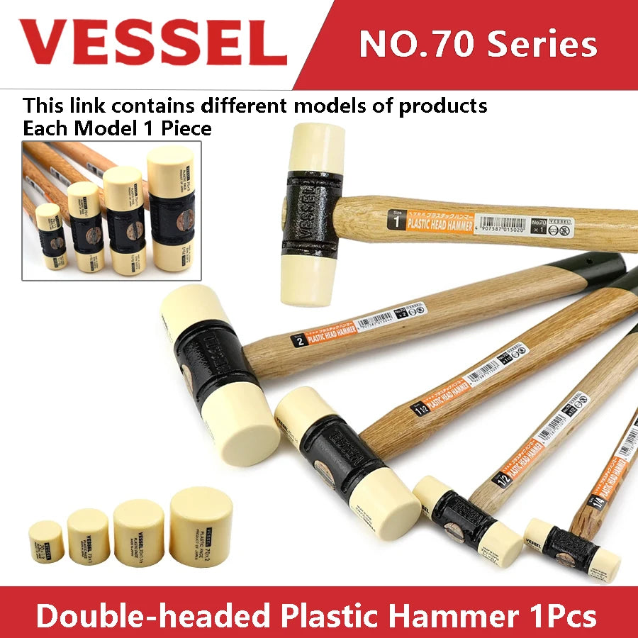 VESSEL Double-headed Plastic Hammer 1Pcs Wooden Handle Shock-absorbing Floor Hammer Replaceable Soft-faced Head NO.70 Series