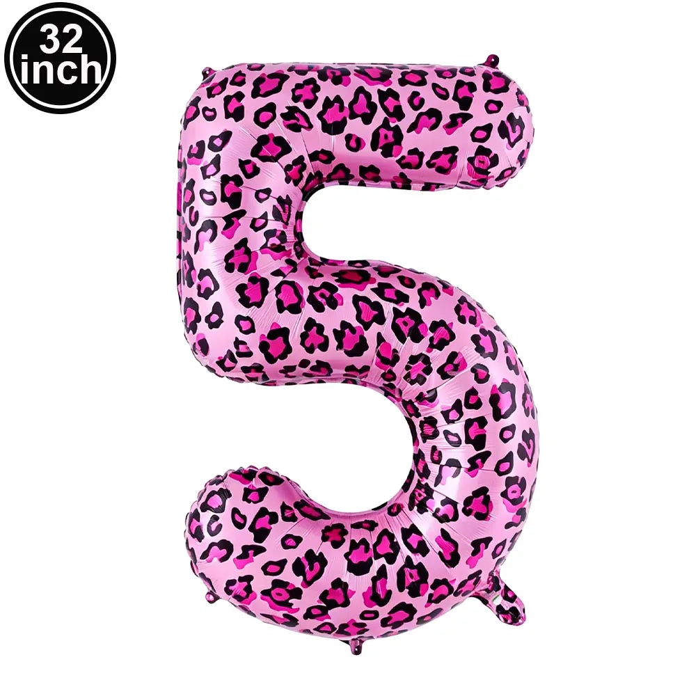 32 Inch Pink Leopard Print Number Foil Balloon 0‑9 Digit Balloon Wild Animal Helium Balloon for Birthday Anniversary Party Decor