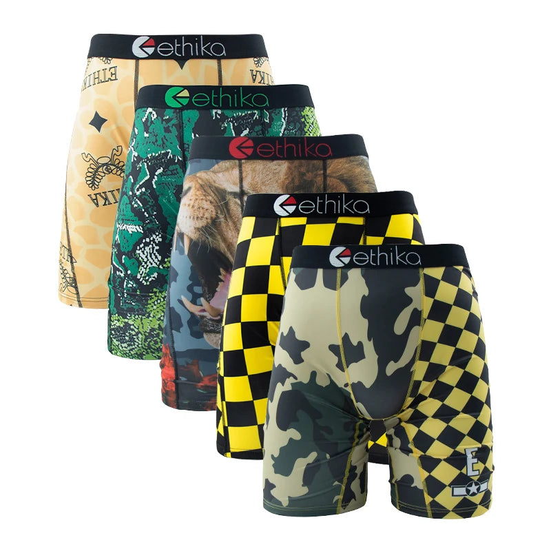 ETHIKA 5Pcs Sexy Men Underwear Breathable Mesh Crotch Mens Underpants Boxers Plus Size Printed Man Panties Men's Boxers Briefs