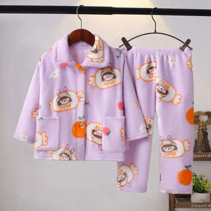 Girls' sleepwear long sleeved flannel children's sleepwear autumn and winter coral fleece boys' baby children's home Clothing se