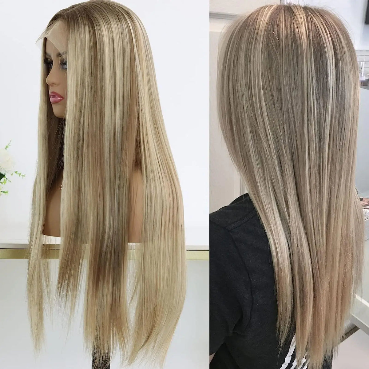 Highlight Honey Blonde 13X4 Lace Front Synthetic Wigs For Women Long Straight Ombre Brown Mixed Blonde Lace Front Wig For Women