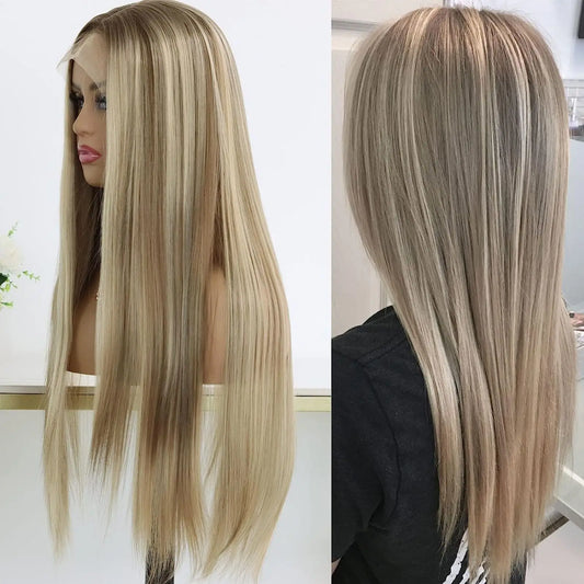 Highlight Honey Blonde 13X4 Lace Front Synthetic Wigs For Women Long Straight Ombre Brown Mixed Blonde Lace Front Wig For Women