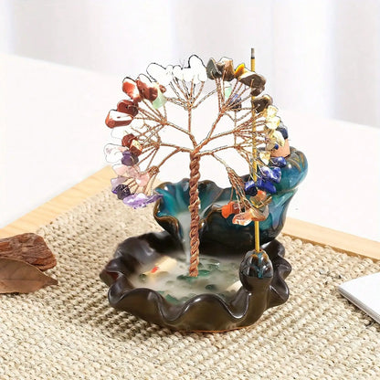 1pc Natural Crystal Seven Chakra Gravels a ceramic 7 flowing backflow cones featuring Phoenix Tail Lucky Tree Healing Gemstone O