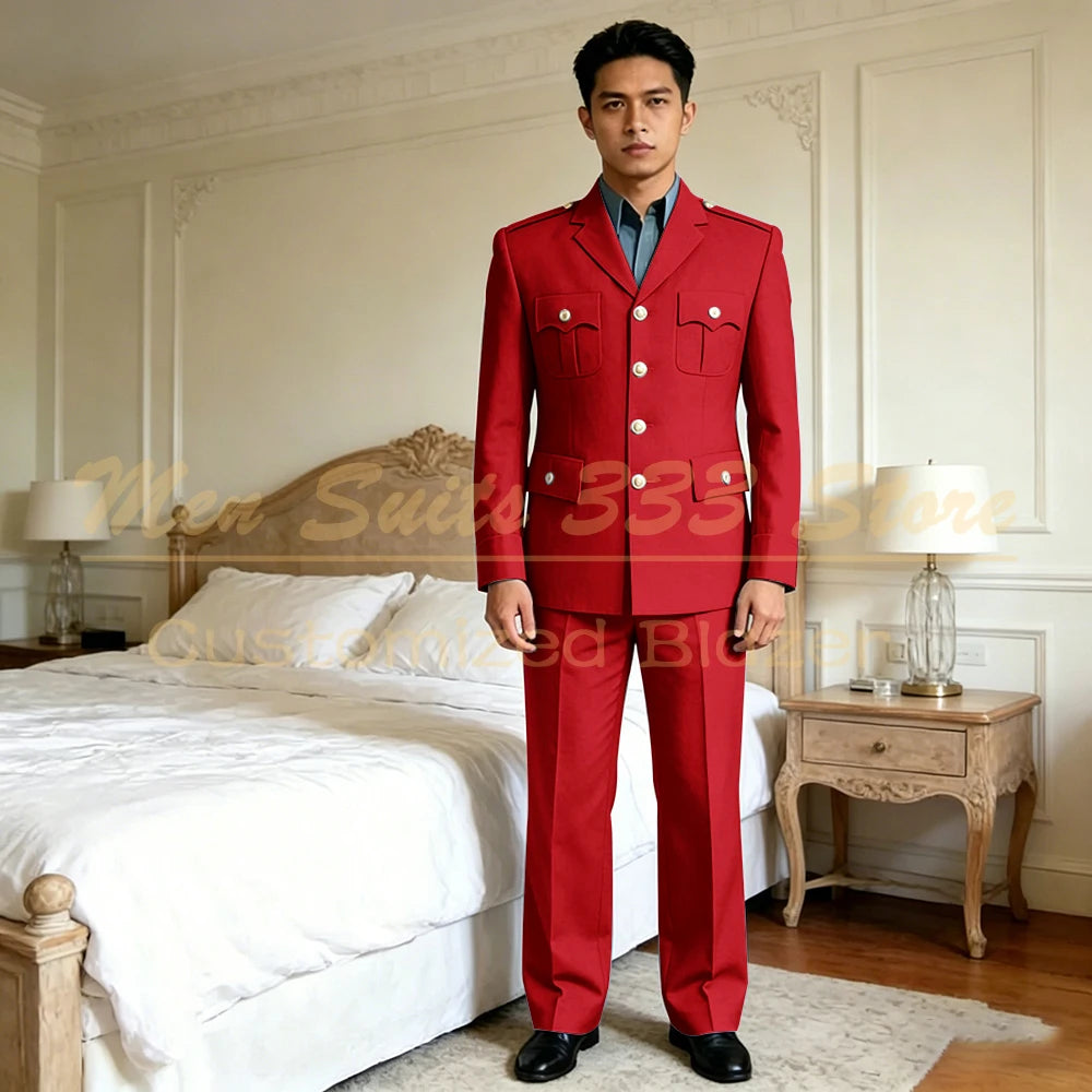 Men's Military Suit Single Breasted Gold Button Blazer & Pants Set for Business Wedding Party Vintage Green 2 Piece Jacket Pants