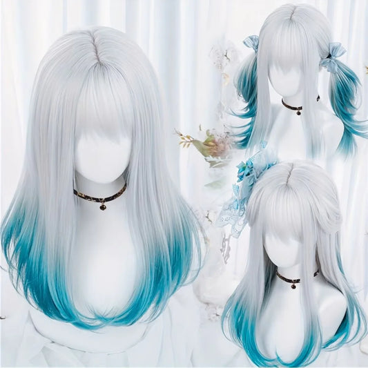 White Teal Ombre Medium Straight Synthetic Wig Bangs Lolita Kawaii Women Anime Cosplay Party Harajuku Gothic Costume Hairpiece