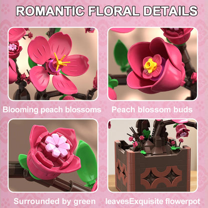 Pink Peach Blossom Potted Plant Building Block Flower Model Puzzle Toys Sets New Year Christmas Birthday Gifts