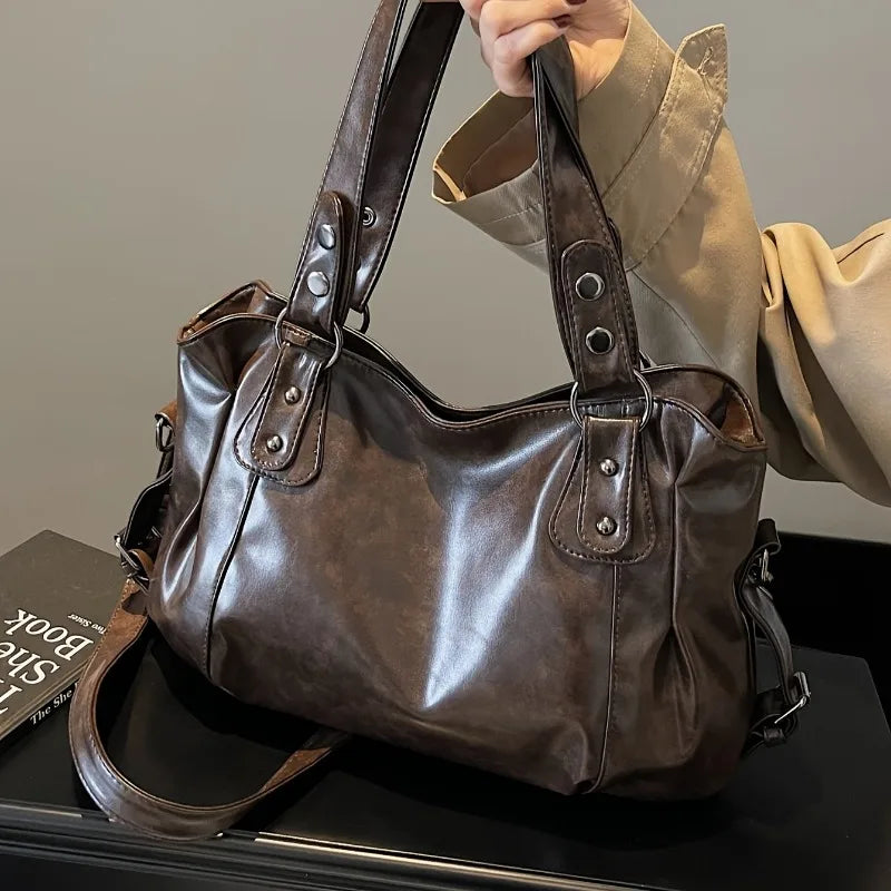 Large Capacity Vintage Leather Handbag with Zipper Closure, Crossbody Tote Bags, Fashion Versatile, Suitable for Commuting Use