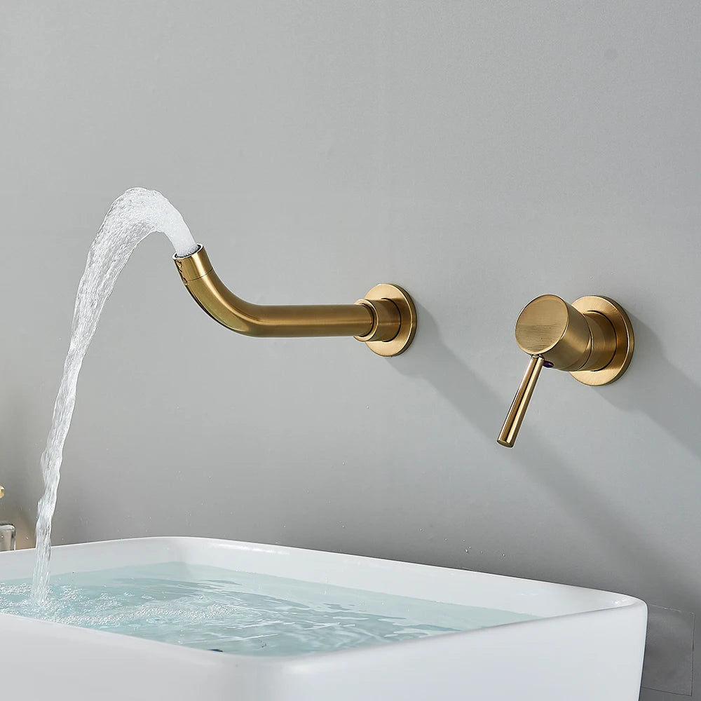 Golden Basin Faucet Bathroom Mixer Sink Tap Wall Mounted Hot Cold Water Tap Single Handle Rotating Spout Bathroom Faucet
