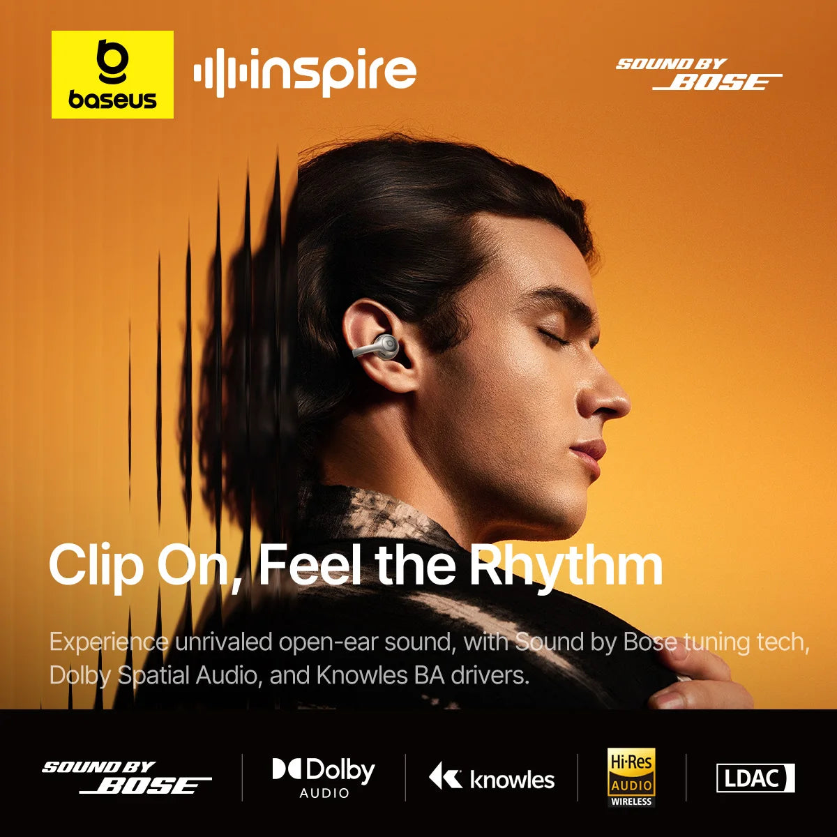 Baseus Inspire XC1 Sound by Bose Ear Clip Wireless Earbuds Bluetooth 6.1 Open Earphones earrings 4-Mics Clip on ear buds
