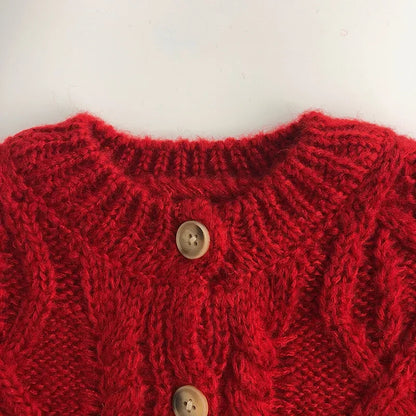 Vintage Cable Knit Toddler Girl Cardigan Red Metal Button Crew Neck Sweater 1-6Y Girls Autumn Winter Warm Knit Outerwear