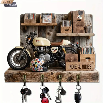 2D Retro Motorcycle Display - Wooden Key Holder with Four Metal Hooks, Home, Living Room, Room, Wall, Porch, Garage Decoration