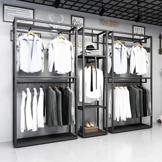 Furniture Men Clothes Clothing Store Display Rack Black Double-layer floor-standing display rack for men's clothing stores