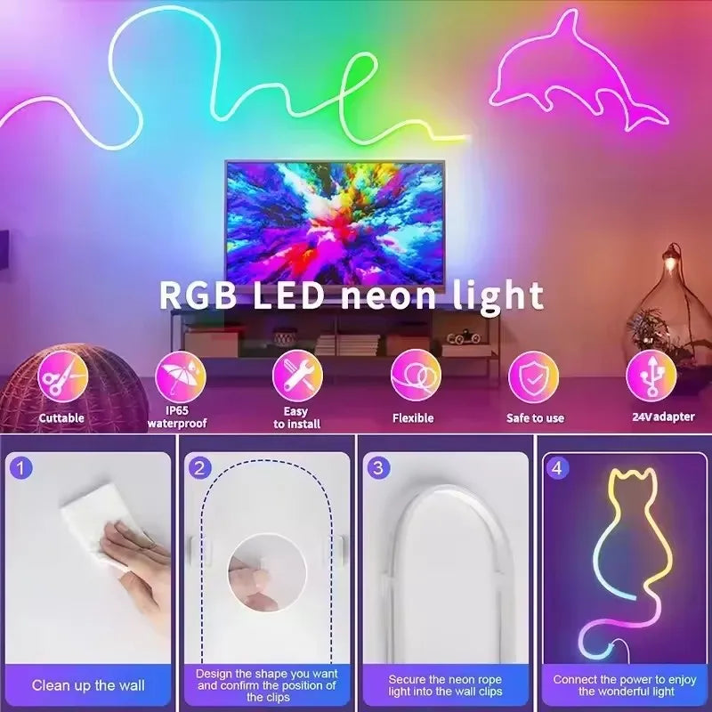 24V Rgbic Neon Led Strip 5M 10M 15M 20M Rgbic Neon Lamp Tape With Bluetooth App And Remote For Neon Ribbon Deocoration Lighting