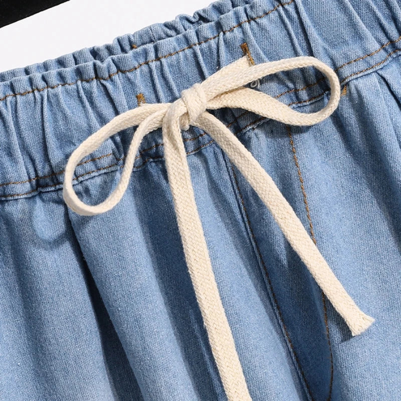 3XL Oversize Denim Wide Leg Shorts Women Summer 100%Cotton Shorts Splice Lace Elastic Waist Cute Soft Girl Frilly Jeans Shorts