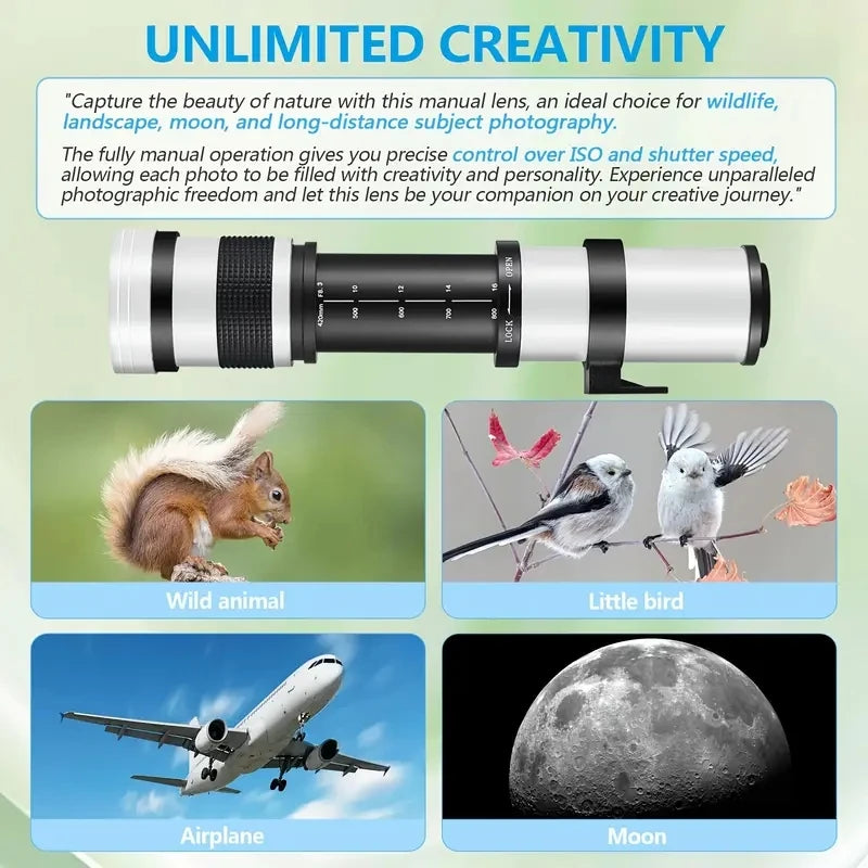 Lightdow  420-800mm f/8.3-16 for Sony Canon Nikon Pentax Olympus Cameras Super HD Manual Telephoto Zoom Lens +Adapter High-Power