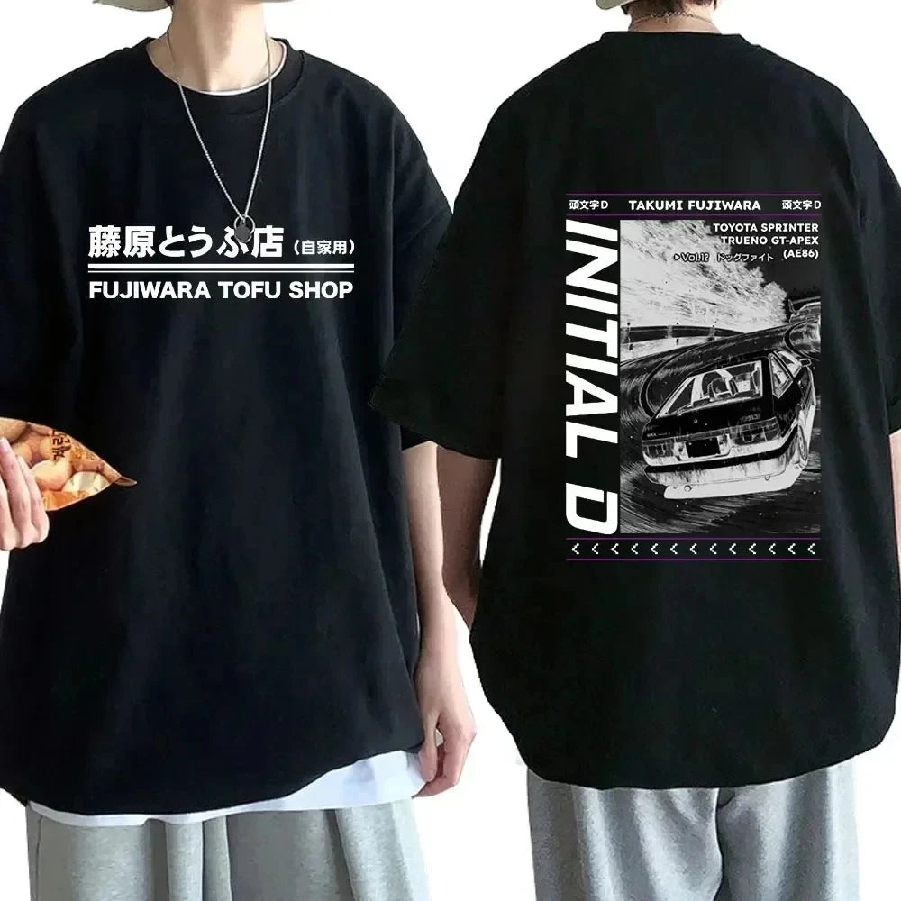 Anime Drift AE86 Initial D Double Sided T Shirt O-Neck Short Sleeves Summer Unisex R34 Skyline GTR JDM Manga T-Shirts 71775