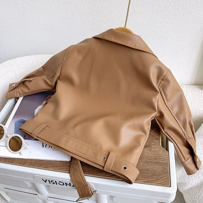 Motorcycle Girls Handsome Leather Jacket Spring Autumn New Short Style Lapel Zipper Coat For 2-8 Years Kids Fashion Pu Outerwear