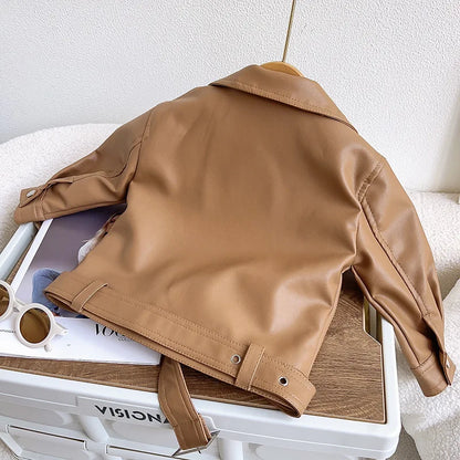 Motorcycle Girls Handsome Leather Jacket Spring Autumn New Short Style Lapel Zipper Coat For 2-8 Years Kids Fashion Pu Outerwear