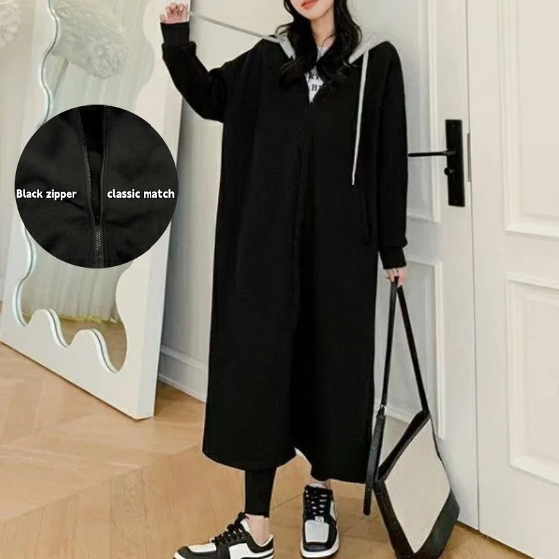 Plus Size Hooded Zip-Up Long Coat Winter Thick Hoodie Fleece Women's Oversize Jacket Casual Black Outerwear Patchwork All-match