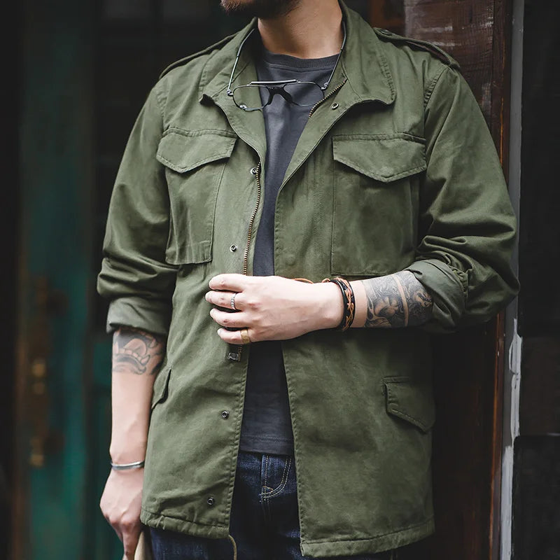 Maden Military M65 Field Jackets For Men's Green Vintage Army Jacket Casual Windbreaker Solid Lapel Collar with Pockets Overcoat