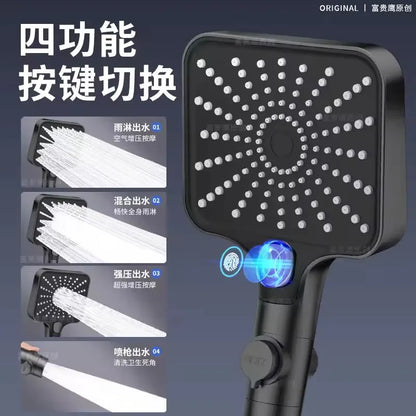 16CM Big Panel High Pressure 4 Modes Shower Head with Filter Water Saving One Key Stop Sink Faucet Hose Bathroom Accessories