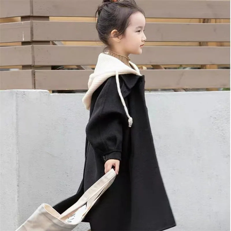 Kids Tweed Jacket Girls Warm Overcoat Autumn Medium-Length Coat Spring Hooded Windbreaker New Casual Single-Breasted Clothing