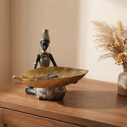 African Girl Holding a Plate Sculpture, Home and Office Decorative Storage Ornament, Vintage Collectible Craft Deskt Decor