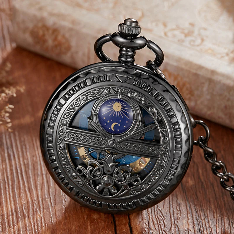 Vintage Gold Skeleton Mechanical Pocket Watch Engraved Star Moon Case Hollow Dial  Hand Wind Fob Watch with Chain for Men Women