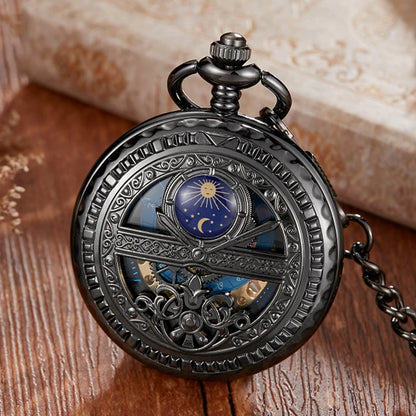 Vintage Gold Skeleton Mechanical Pocket Watch Engraved Star Moon Case Hollow Dial  Hand Wind Fob Watch with Chain for Men Women
