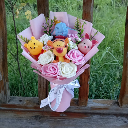 Cartoon Winnie the Pooh Pig Plush Bouquet Handmade Flower Bouquet Plush Doll Wedding Graduation Valentine Christmas Birthday Gif