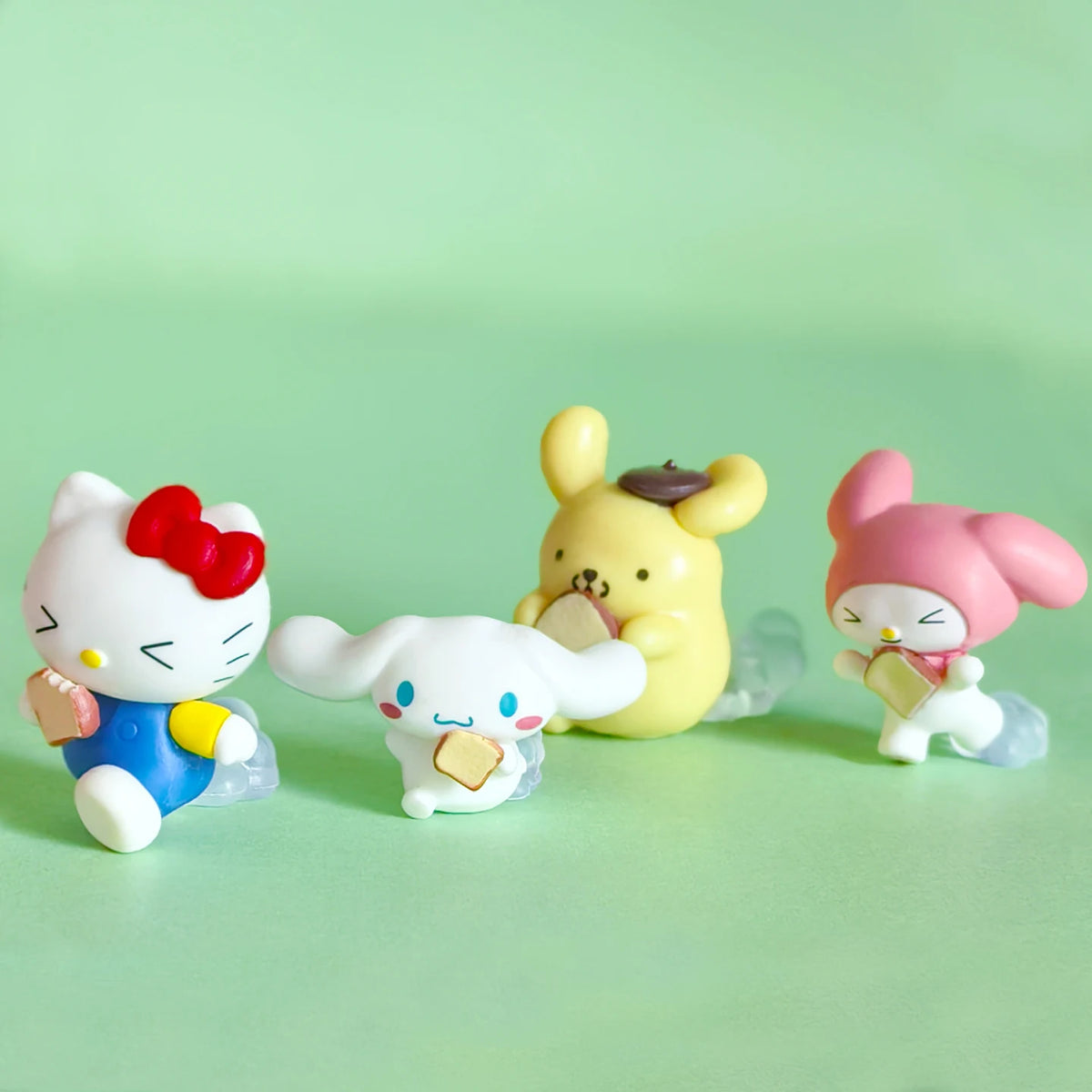 Sanrio Characters Hello Kitty Cinnamoroll Hold Bread Running Figures Blind Box Toy Model Desk Decor Car Ornaments Collection