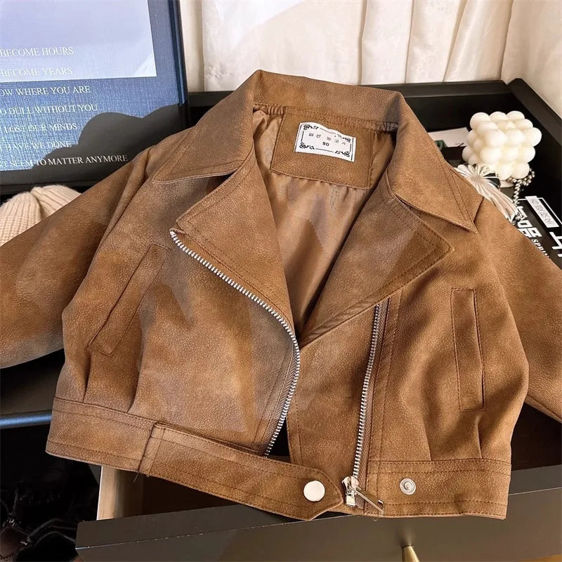 Autumn Spring New Leather Jacket Short Style Lapel Handsome Motorcycle Zipper Coat For 2-8 Years Fashion Loose Pu Outerwear