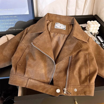 Autumn Spring New Leather Jacket Short Style Lapel Handsome Motorcycle Zipper Coat For 2-8 Years Fashion Loose Pu Outerwear