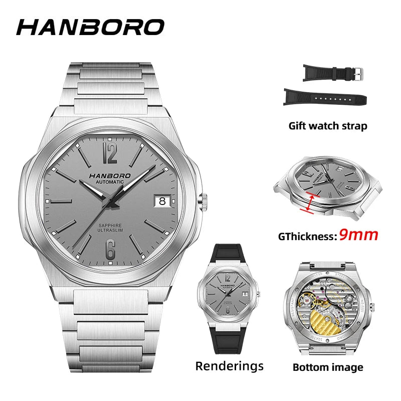 HANBORO Ultra Thin Steel King Series Men's Fully Automatic Mechanical Pearl Tourette Watch Fashion Personalized Watch 018