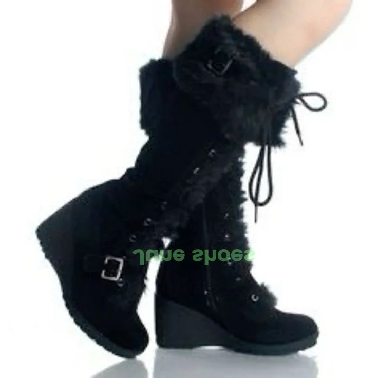 Lady Gladiator Fur Warm Wedges Heel Knee Boots Black Suede Fur Lace-Up Footwear Buckle Strap Runway Boots Fur Suede Brown Boots
