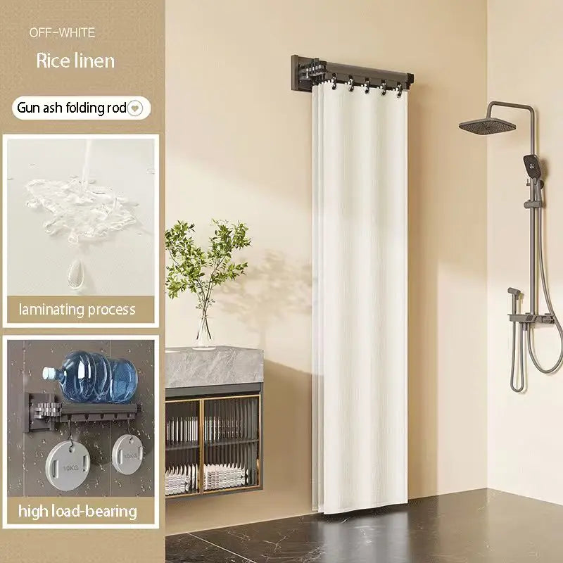 Foldable Shower Curtain Rod Set, Waterproof High-End Bathroom Partition for Wet and Dry Separation, with a Folding Rack