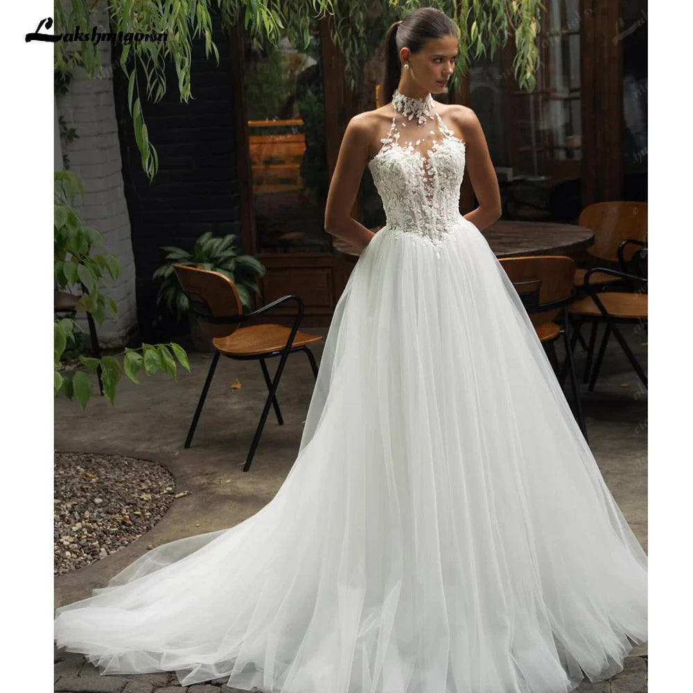 Lakshmigown Halter Illusion Wedding Dresses Lace Applique Beading Tulle A-line Bridal Gown Luxury Women's Bride Dress Customized