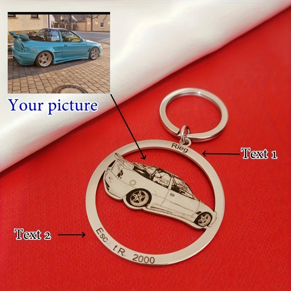 Stainless Steel Round Custom Keychain, Customized with Cartoon Photos of Sports Cars, Motorcycles, and Bicycles, Fashionable Keychain for Racing Enthusiasts and Men