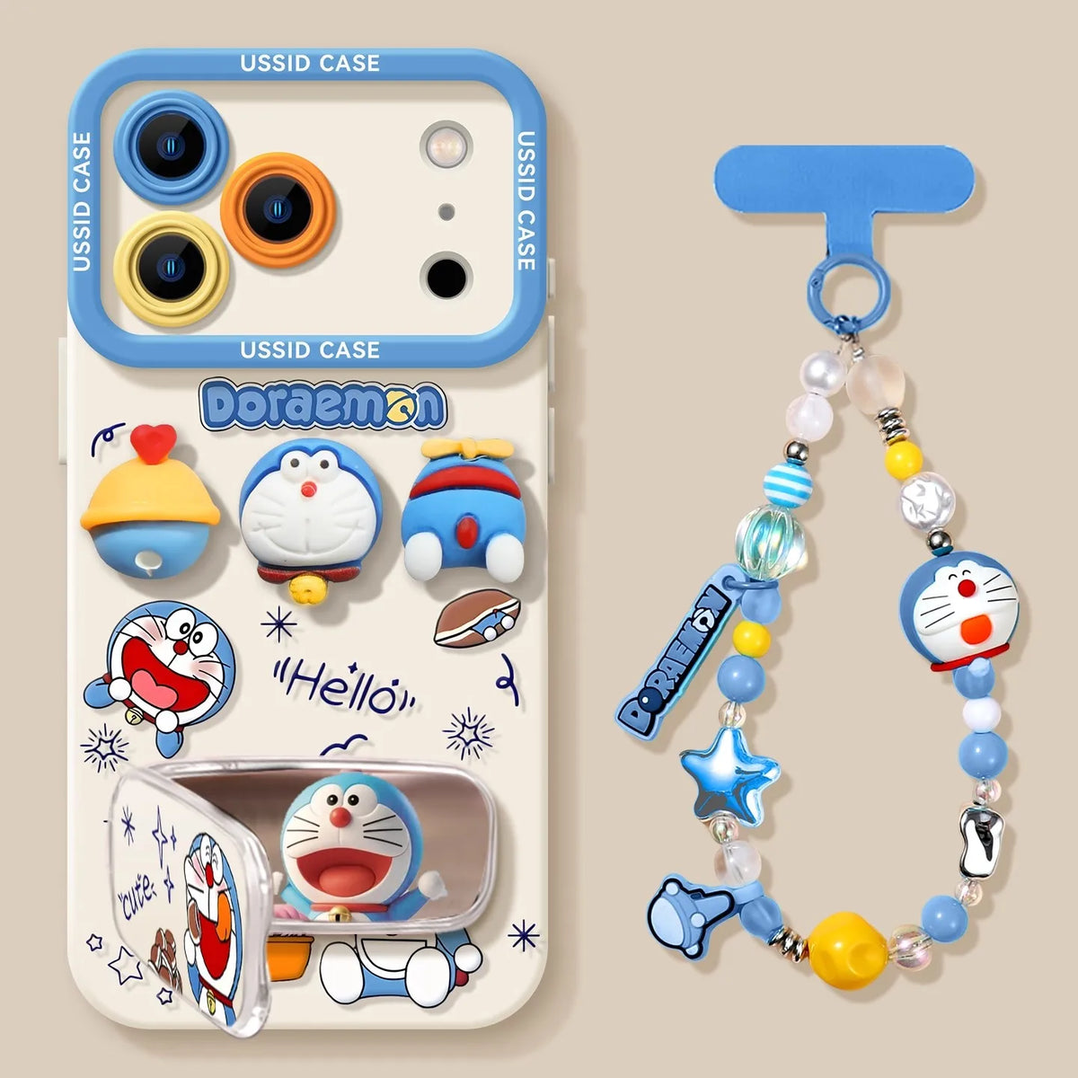 Ussid Case Phone Case Cartoon Doraemon With Mirror Lanyard Kickstand Cute Aesthetic For Iphone 17 16 Pro Max 15 14 13 12